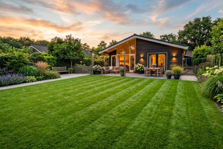 Robot grasmaaier en gevallen fruit